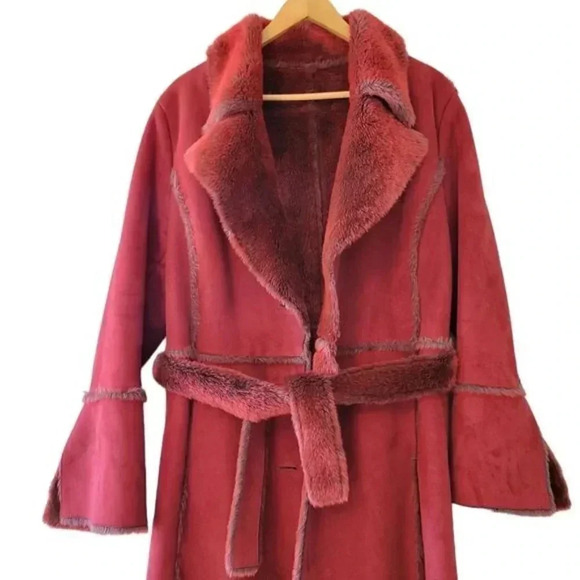 EM Studio London Suede Faux Fur Penny Lane Long Sleeve Belted Fall Winter Coat. - Picture 3 of 15